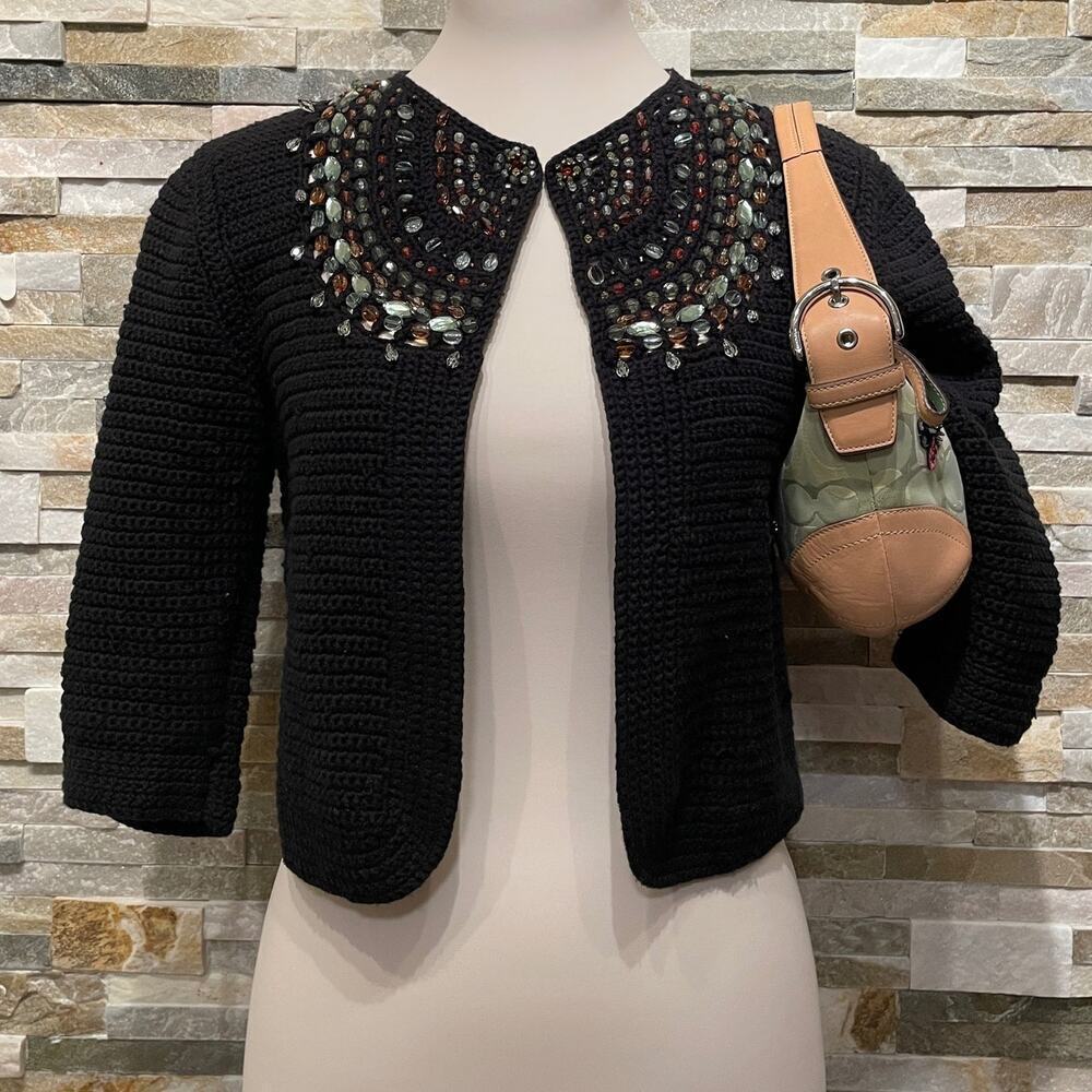 Sans Souci M Beaded Black Crop Cardi | Grandmacore Cottagecore Ladybug Sweater